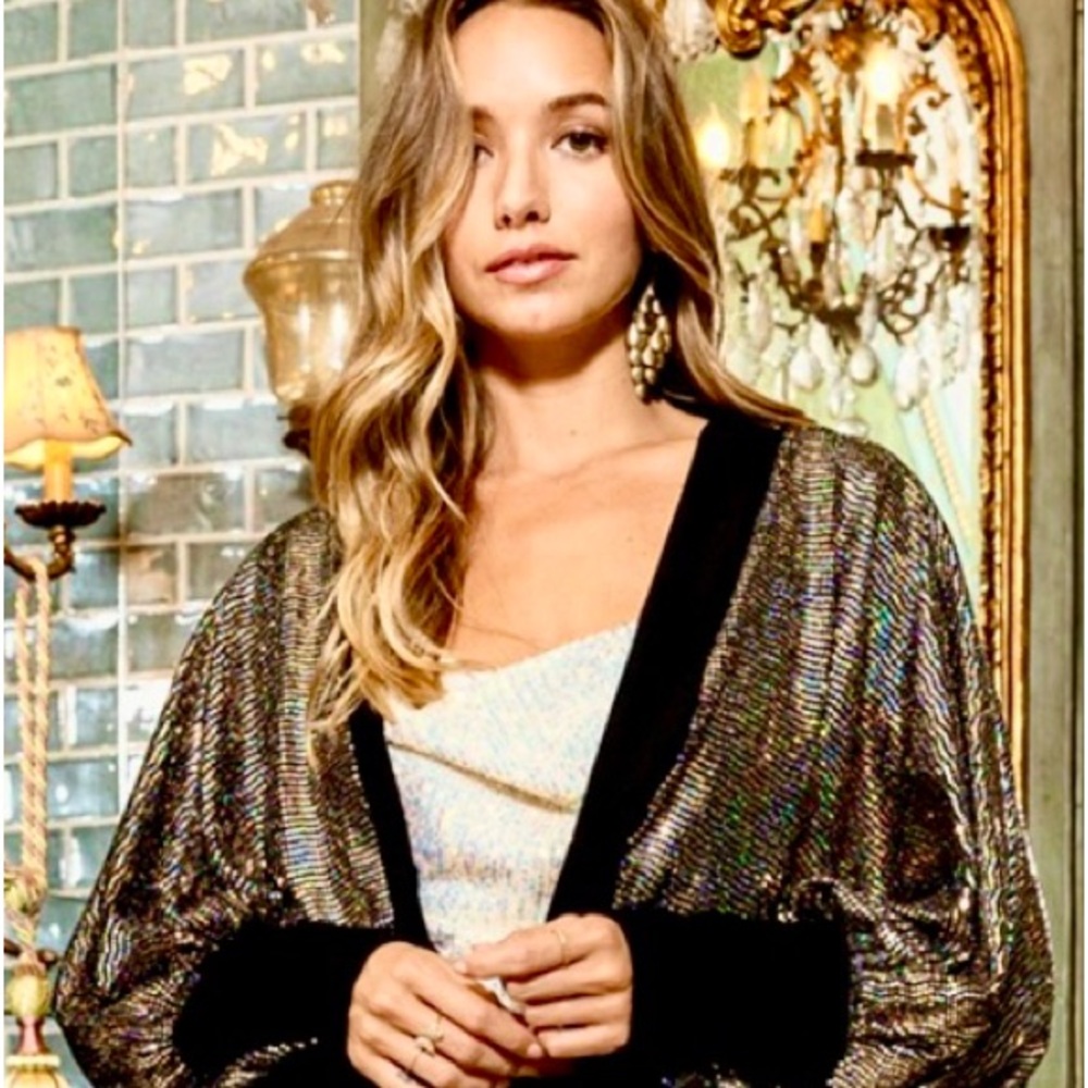 🔸Gold Sparkling Shimmer Jersey Dolman Long Sleeve Pockets Shrug Cardigan size L
